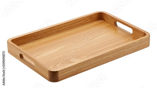 Empty wooden tray with handles on white background for serving food and drinks transparent background