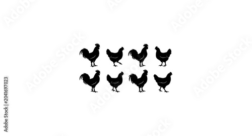 Fotografía Eight rooster and hen silhouettes vector set farm poultry birds isolated on whit