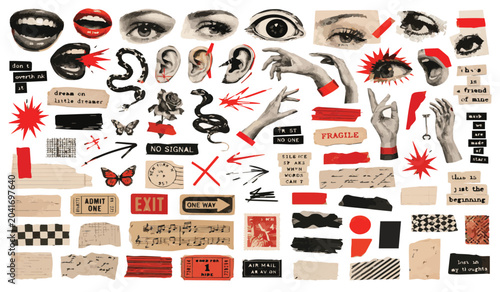 Tableau sur toile Vintage collage elements set with retro paper scraps, punk rock aesthetic sticke