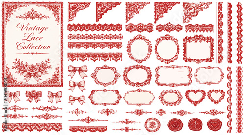 Obraz na plátně Vintage lace collection vector set, red floral borders and ornate frames, decora