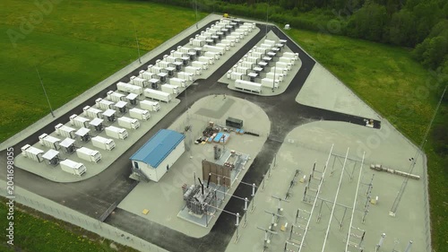 Industrial battery energy storage system station providing backup power and supporting renewable solar and wind technologies for a sustainable and clean future, aerial top down perspective