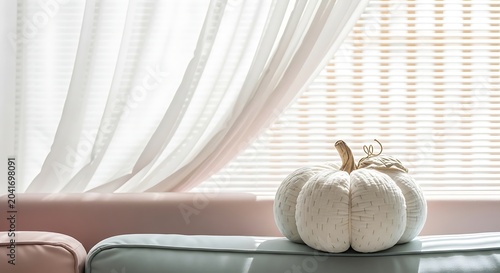 White Decorative Pumpkin Resting on Pastel Cushion by Bright Window