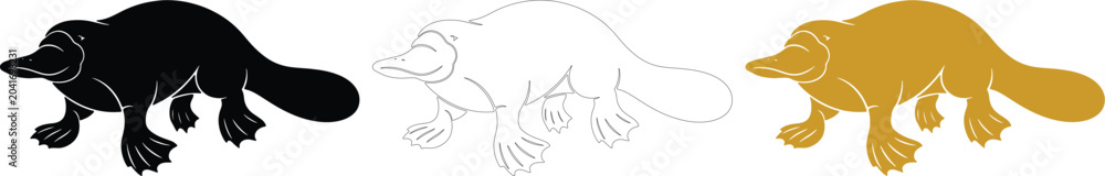 Fototapeta premium Platypus vector silhouette line art illustration set icon isolated on transparent background