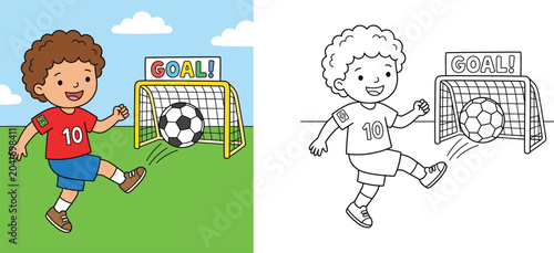 Bild auf Leinwand Coloring book page of a cartoon boy kicking a soccer ball into the goal net, fea