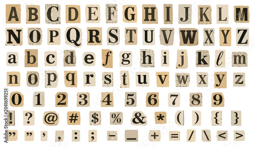 Foto Vintage ransom note alphabet set, newspaper clipping letters and numbers, retro