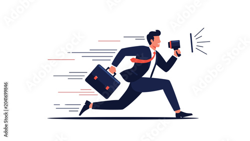 Energetic businessman in a suit and tie, carrying a briefcase, runs swiftly while shouting into a megaphone, symbolizing urgent communication and speed.