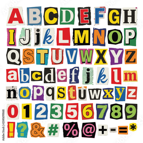 Schilderij op canvas Ransom note alphabet vector set, colorful magazine cutout letters and numbers, p