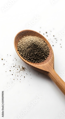 Coarse Black Pepper Piled in Wooden Spoon on White Surface