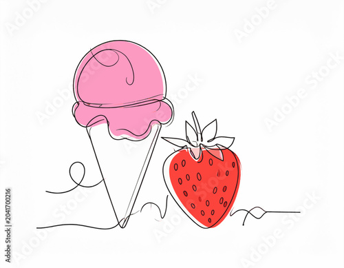 Simple line drawing of a pink ice cream cone next to a red strawberry