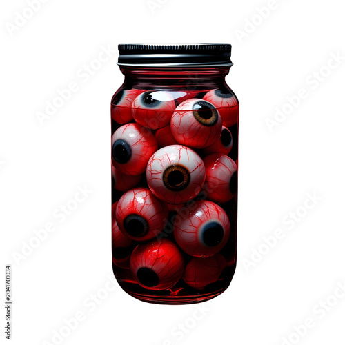  A glass jar filled with red liquid and eyeballs is centered against a transparent background