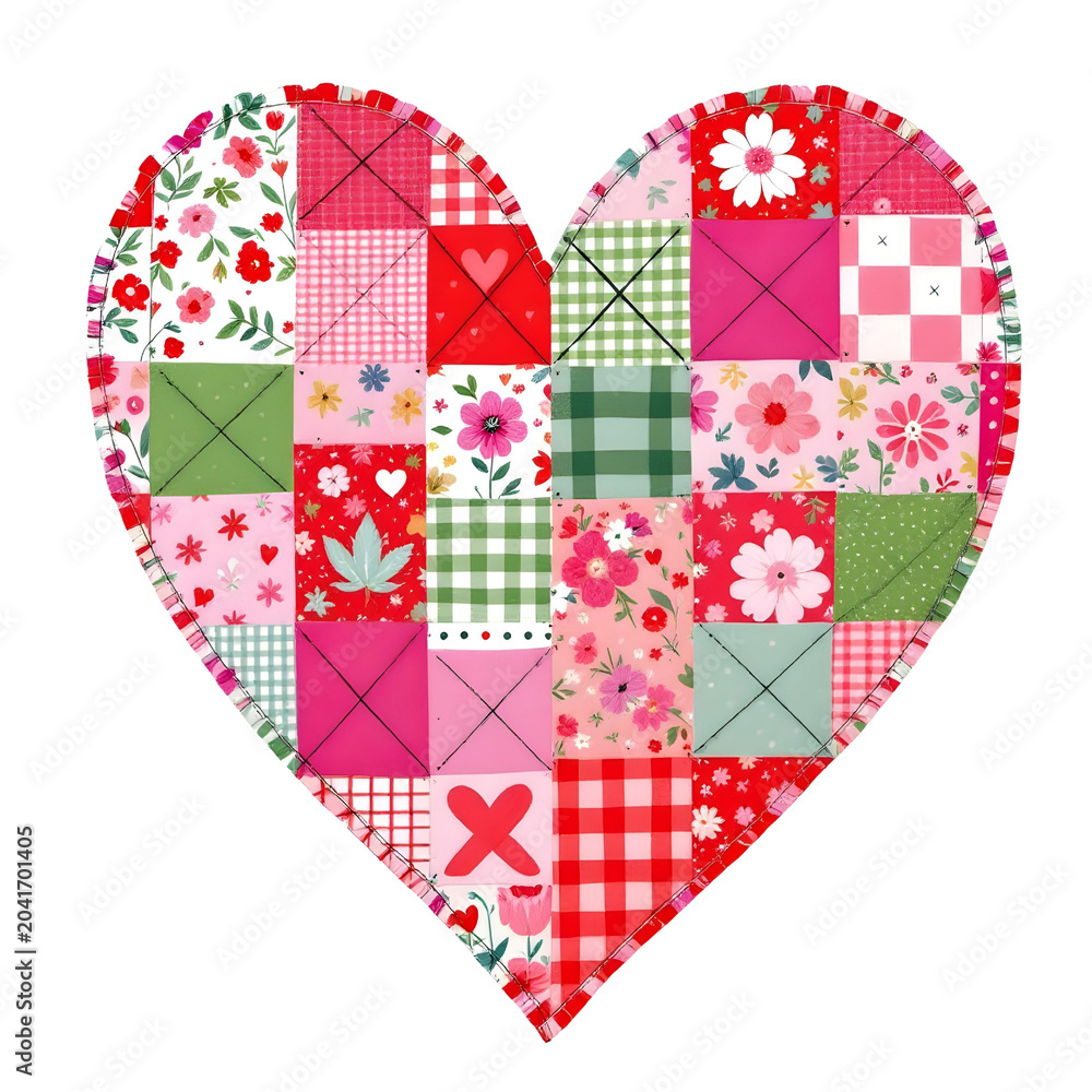 Obraz premium A heart-shaped quilt made of various red, pink, and green fabric patches with floral and gingham patterns on transparent background