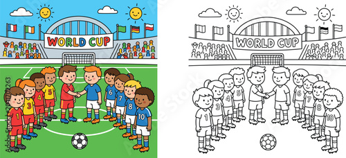 Coloring page of kids soccer teams shaking hands at the World Cup tournament stadium, with colored reference and black and white line art vector illustration for children