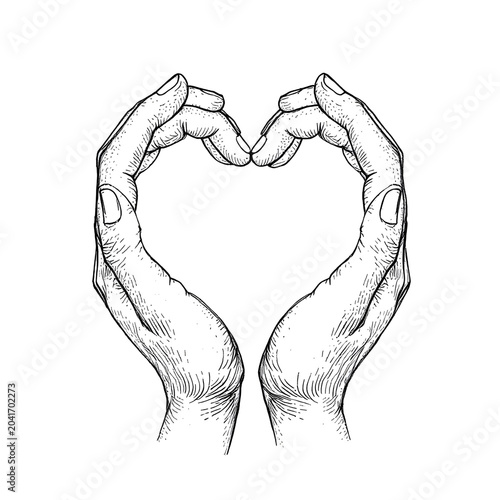 A minimalist illustration features two hands forming a heart shape against a plain on transparent background