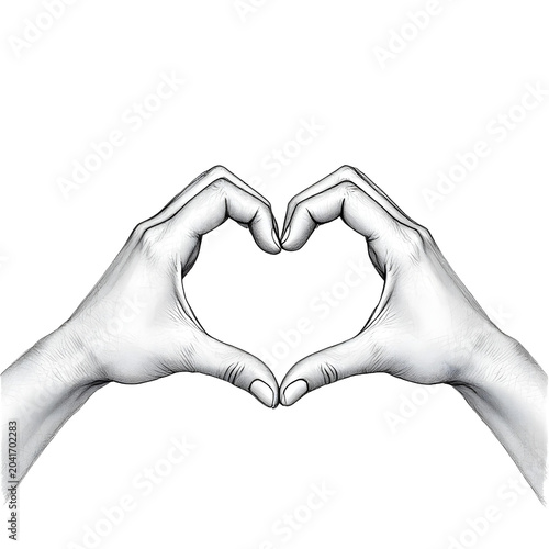 A minimalist illustration features two hands forming a heart shape against a plain on transparent background