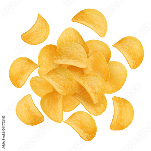 A pile of potato chips is arranged in a dynamic, overlapping manner against a stark on transparent background