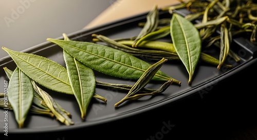 Fresh Green Tea Leaves Arranged on Black Ceramic Plate in Close Up
