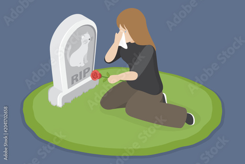 Quadro em tela Sad young woman at burial of cat at pet cemetery