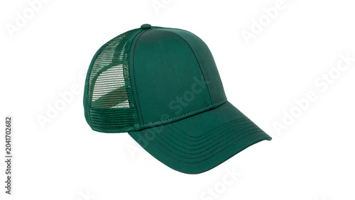 Dark green trucker style baseball cap hat sporty blank apparel mockup isolated on transparent background PNG cut out