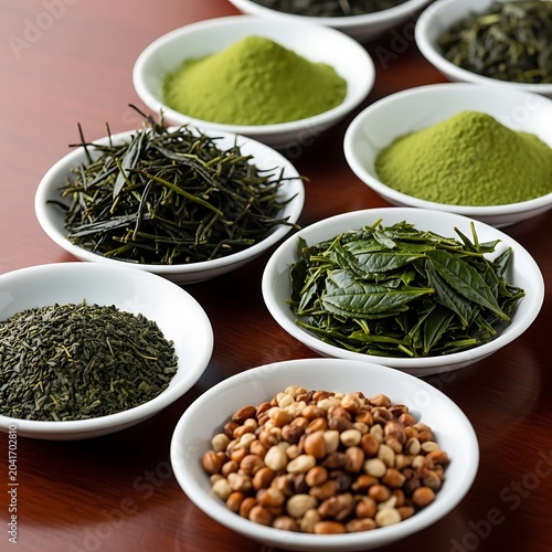 Assorted Green Tea Leaves Powder and Roasted Grain Arranged in White Bowls on Wooden Table