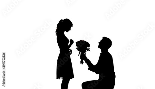 A silhouette of a man on one knee proposes to a woman with a bouquet of red roses.on transparent background