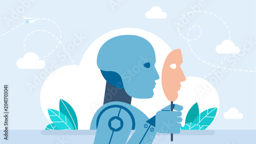Blue robot cyborg holding a human face mask in its hand, representing artificial intelligence impersonation, deepfake technology, fake identity and digital ethics. Vector illustration