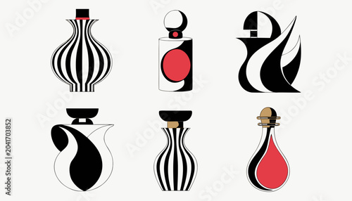 Very beautiful collection of artistic perfume bottles featuring sculptural forms, elegant glasswork, refined details, and luxurious contemporary aesthetics, isolated in premium vector illustration sty