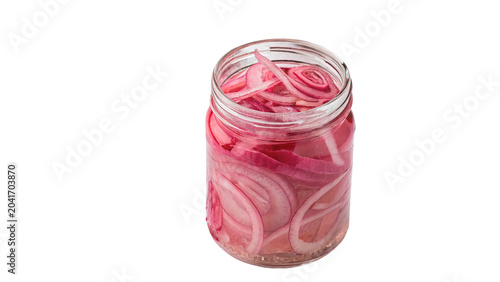 Glass jar filled with pickled red onions home preservation food isolated on transparent background PNG cut out