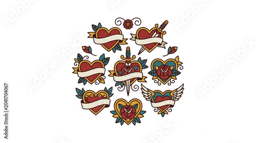 Fotografie Collection of Traditional Tattoo Style Hearts with Ribbons and Daggers