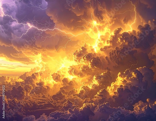 Dramatic Lightning Storm Illuminating Golden Thunderclouds at Sunset
