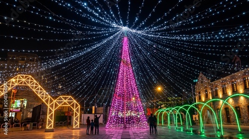 Tall conical christmas tree glowing with vibrant pink led lights stands prominently in a public square under a canopy of sparkling white fairy lights during a beautiful clear night time