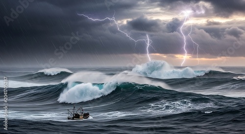 Small Fishing Boat Battling Giant Storm Waves Under Lightning Sky at Sea