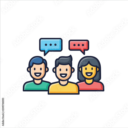 Three cartoon people talking happily together.