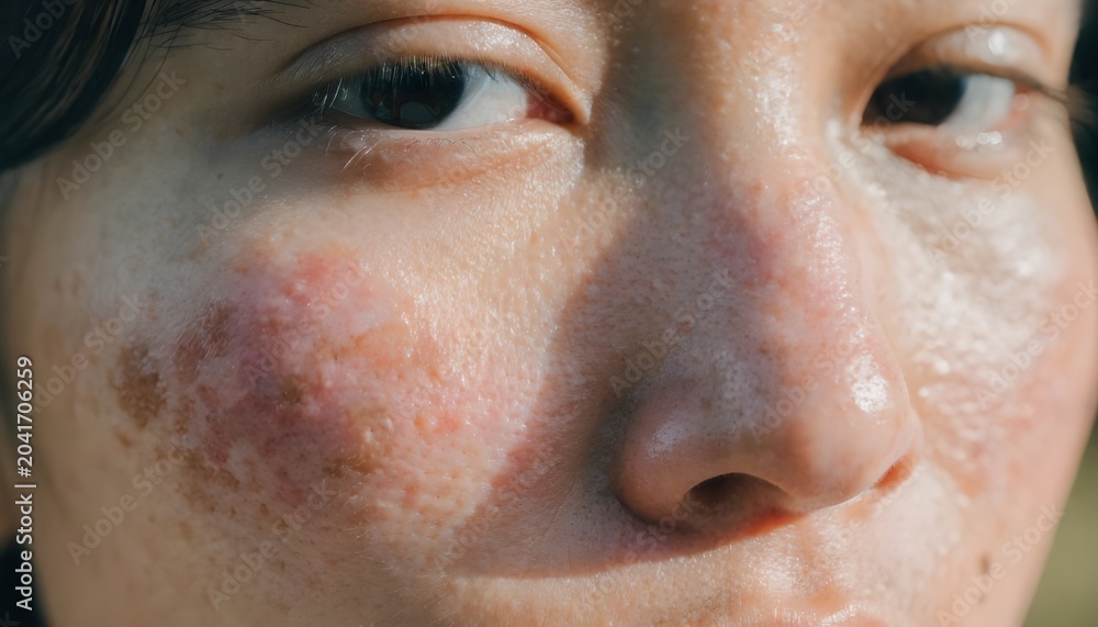 Naklejka premium Half Face Shadow Showing Pigmentation Contrast on Human Skin, Hyperpigmentation and Uneven Skin Tone Close Up, Dermatology and Skincare Concept, Realistic Facial Skin Texture