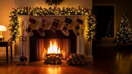 Cozy living room with fireplace, stockings, and Christmas tree, warmly lit for the holidays