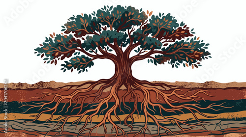 Detailed graphic depiction of a mature tree showcasing its wide branches and visible root system within stratified soil, illustrating environmental sustainability and symbolizing foundational strength