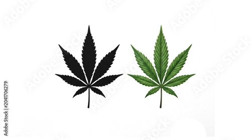 Stylized Cannabis Leaf Silhouette and Realistic Green Leaf on White Background