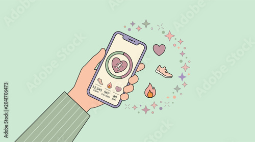 Fitness Activity Tracker App on Smartphone Screen with Heart Rate and Wellness Metrics Minimalist Flat Vector Illustration on a pastel green background