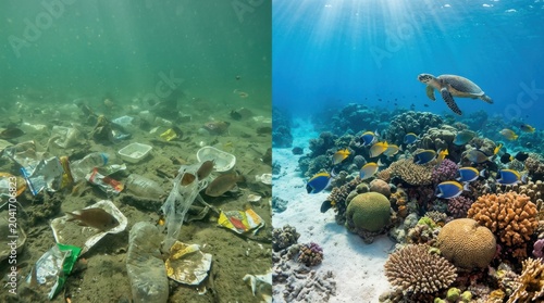 Comparison of polluted ocean with garbage and clean coral reef under the sea. Environmental concept for World Oceans Day showing plastic waste destruction versus healthy marine ecosystem.