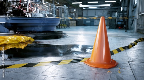 Orange plastic cone and black and yellow caution tape indicating a potential spill and wet floor area in an industrial factory setting, highlighting safety concerns and ongoing maintenance