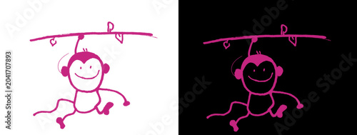 Photography Pink Hanging Monkey on Branch on White and Black Background