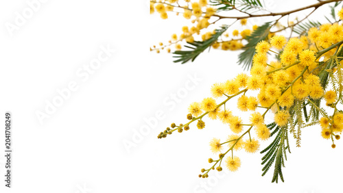 Fresh blooming yellow mimosa flowers on a branch spring symbol isolated on transparent background