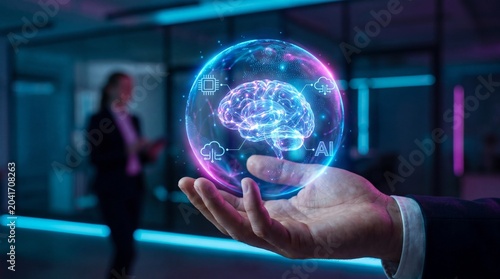 Hand holding a glowing digital brain hologram representing artificial intelligence and cloud computing technology