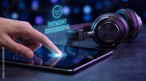 Fingerprint authentication on a digital tablet for a successful payment transaction with headphones nearby