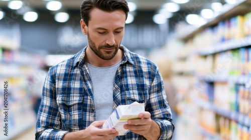 Bearded man in a supermarket aisle reading a product label and comparing ingredients, focused on nutrition and healthy eating while choosing food for personal well being