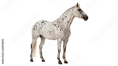 Foto A white spotted horse standing in full profile view side view isolated on transp