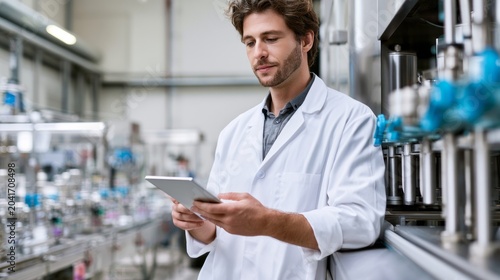 Young male scientist in a lab coat inspecting the industrial production line, utilizing a portable digital tablet for data analysis and process control in a modern manufacturing facility