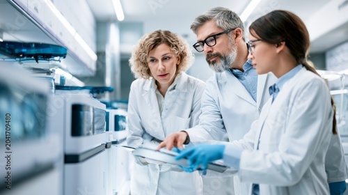 Diverse team of scientists in lab coats collaborating and discussing analysis results on a sophisticated scientific device in a high tech medical research environment