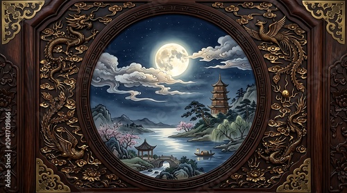 Ornate Traditional Moonlit Landscape Displayed in Carved Wooden Asian Frame
