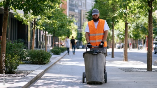 Sanitation worker in a high visibility vest pushing a wheeled trash bin along a city sidewalk, performing essential waste collection services during the day