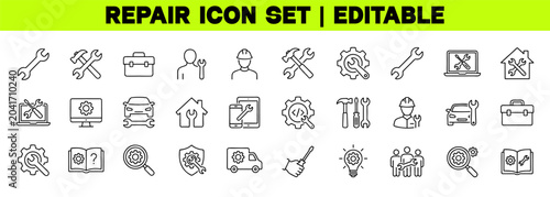 Repair and Maintenance Line Icon Set – Wrench, Tools, Engineer, Troubleshooting and Technical Service Editable Vector Icons